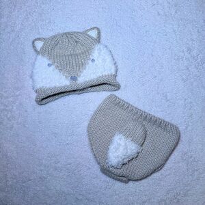 Kids Neutral Fox Knit Hat and Diaper Cover Set